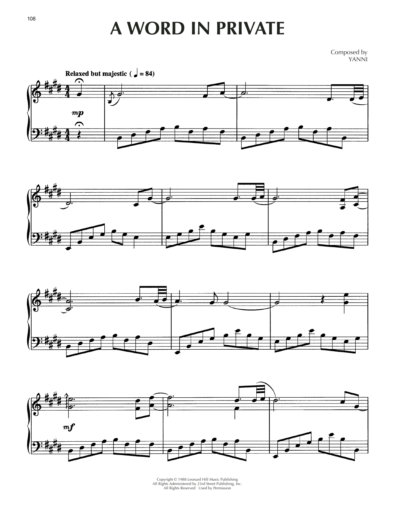 Yanni A Word In Private Sheet Music Notes & Chords for Piano Solo - Download or Print PDF