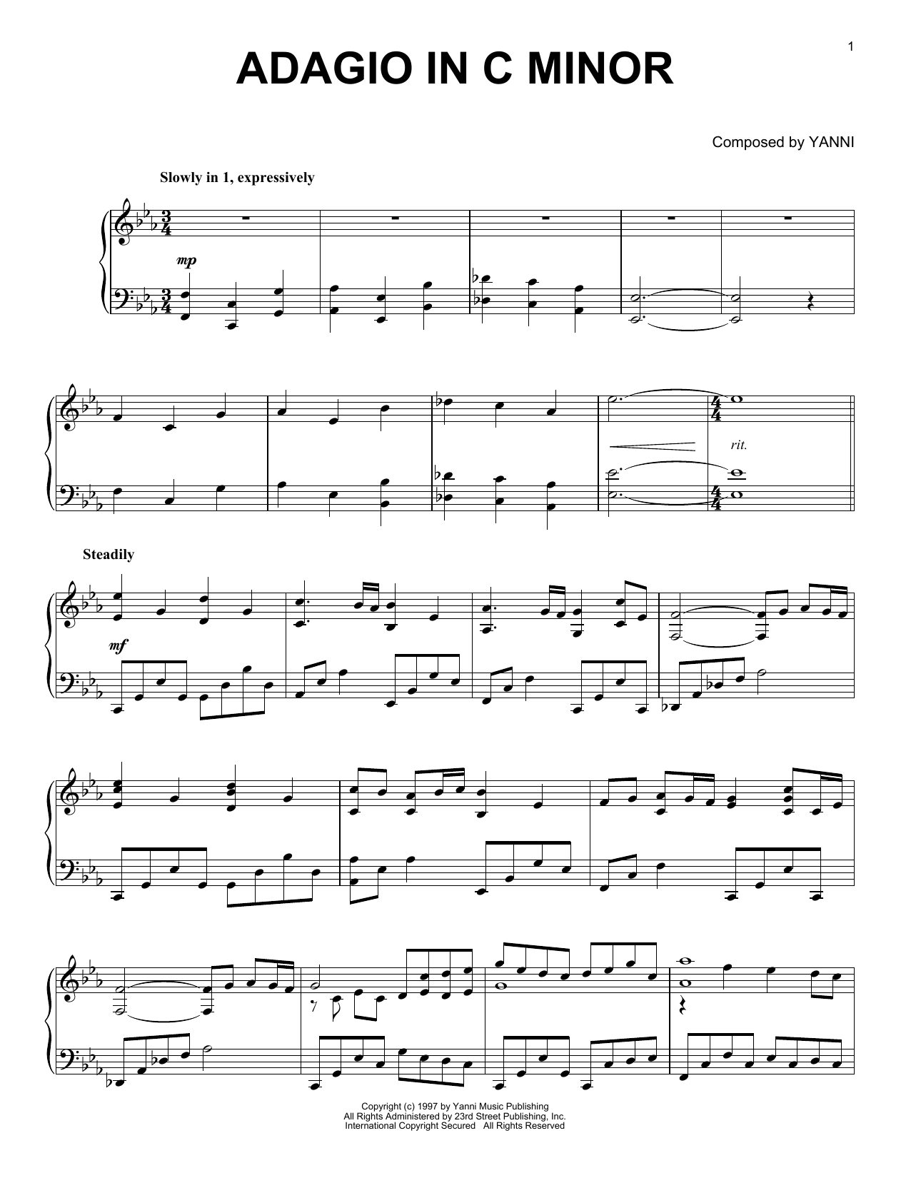 Yanni Adagio In C Minor Sheet Music Notes & Chords for Piano Solo - Download or Print PDF