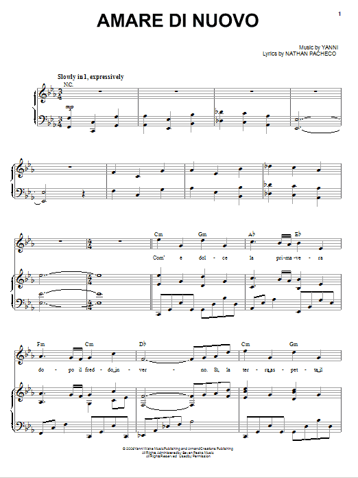 Yanni Amare Di Nuovo Sheet Music Notes & Chords for Piano, Vocal & Guitar (Right-Hand Melody) - Download or Print PDF