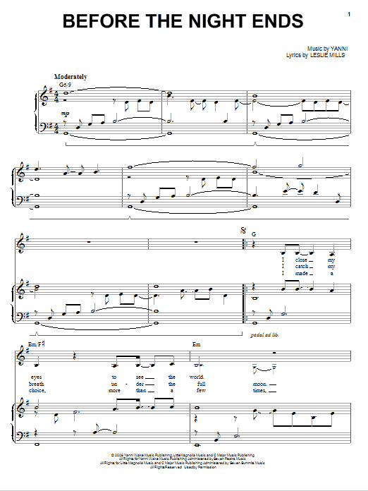 Yanni Before The Night Ends Sheet Music Notes & Chords for Piano, Vocal & Guitar (Right-Hand Melody) - Download or Print PDF