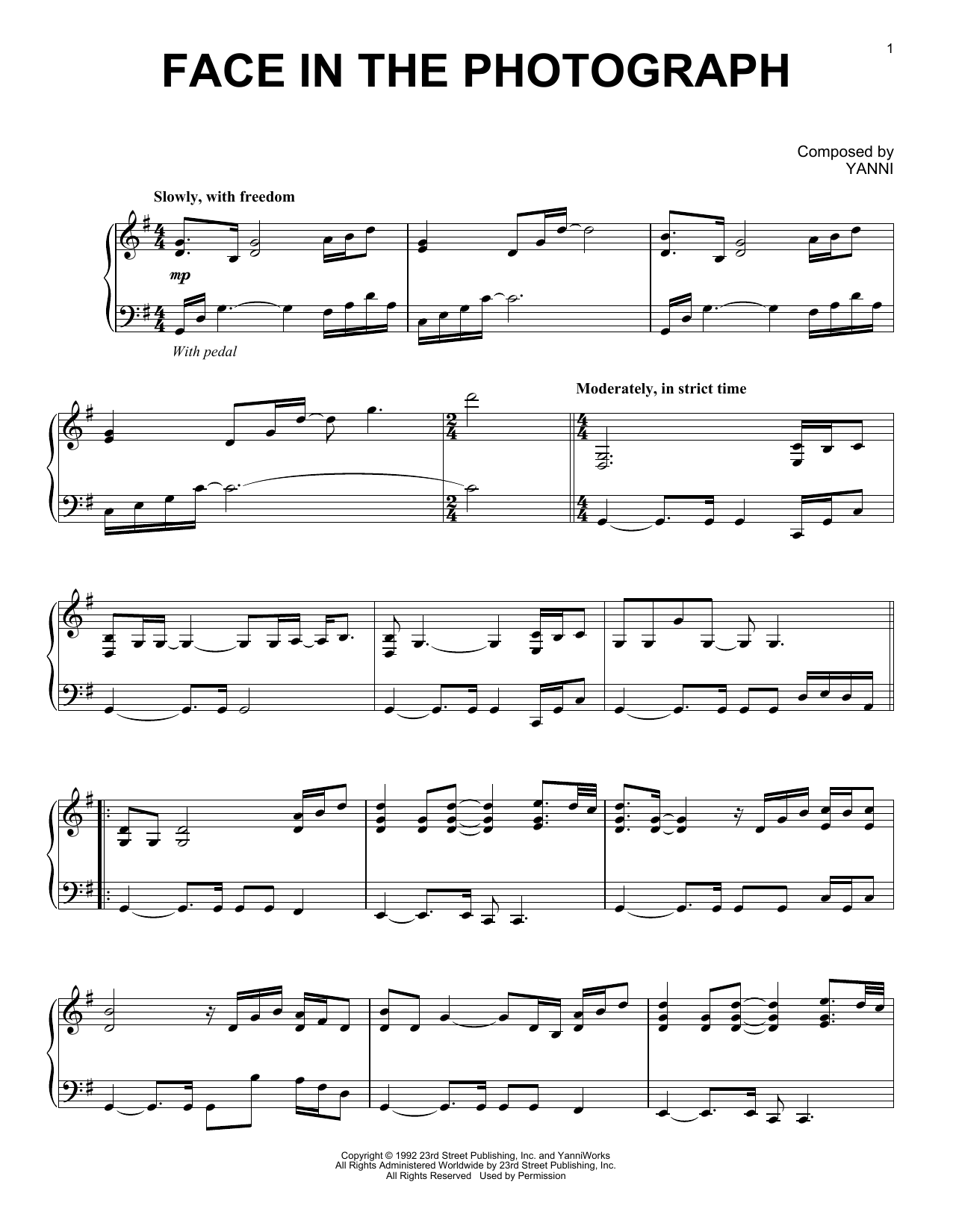 Yanni Face In The Photograph Sheet Music Notes & Chords for Piano Solo - Download or Print PDF