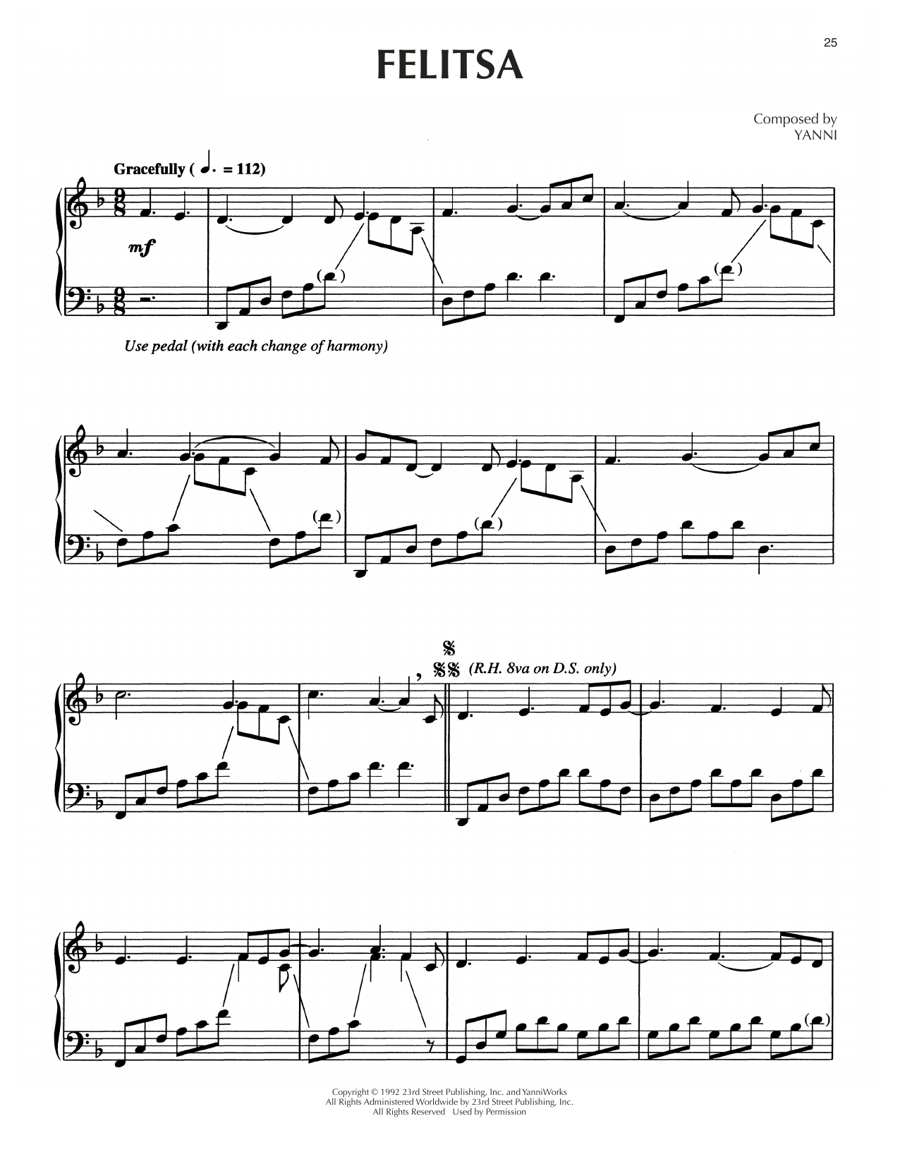 Yanni Felitsa Sheet Music Notes & Chords for Piano Solo - Download or Print PDF