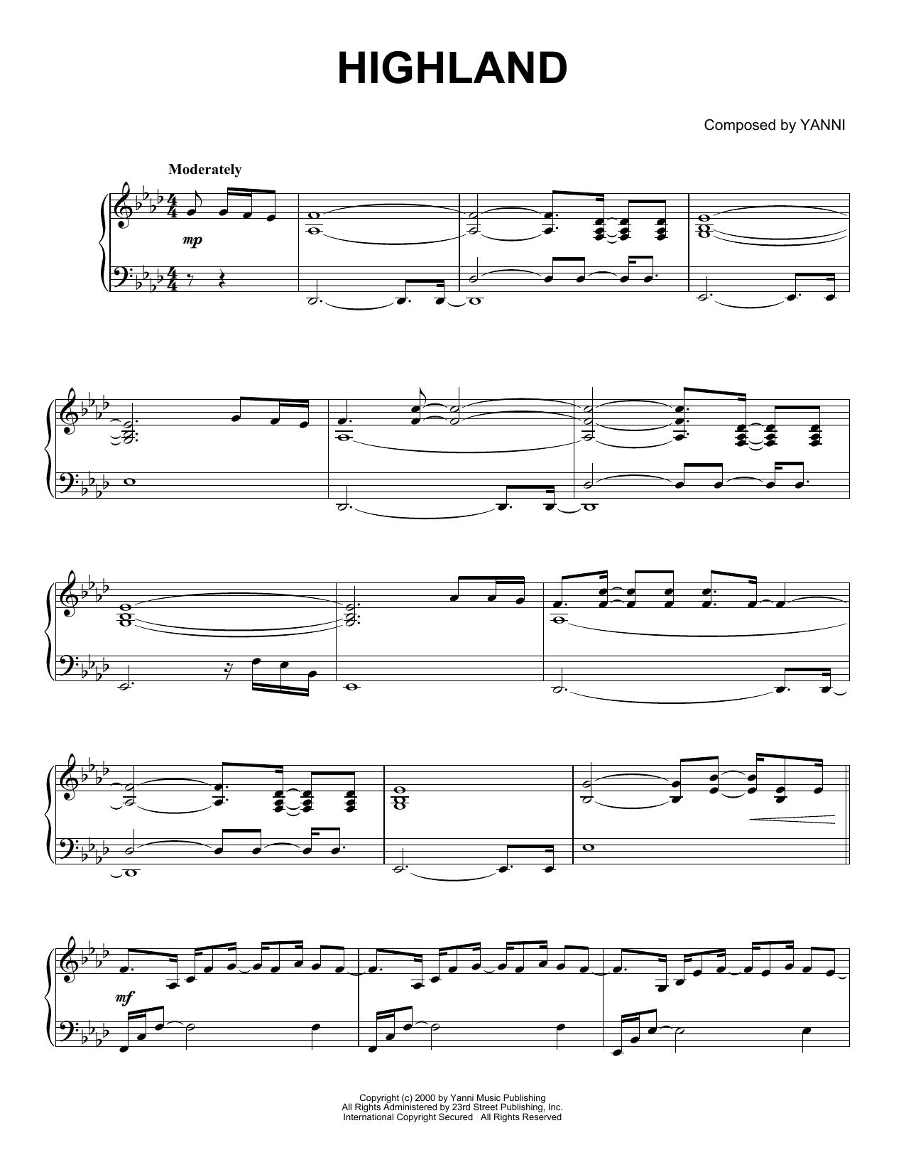 Yanni Highland Sheet Music Notes & Chords for Piano Solo - Download or Print PDF