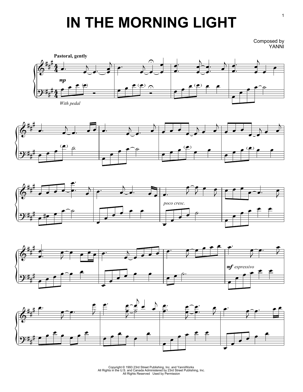 Yanni In The Morning Light Sheet Music Notes & Chords for Piano - Download or Print PDF