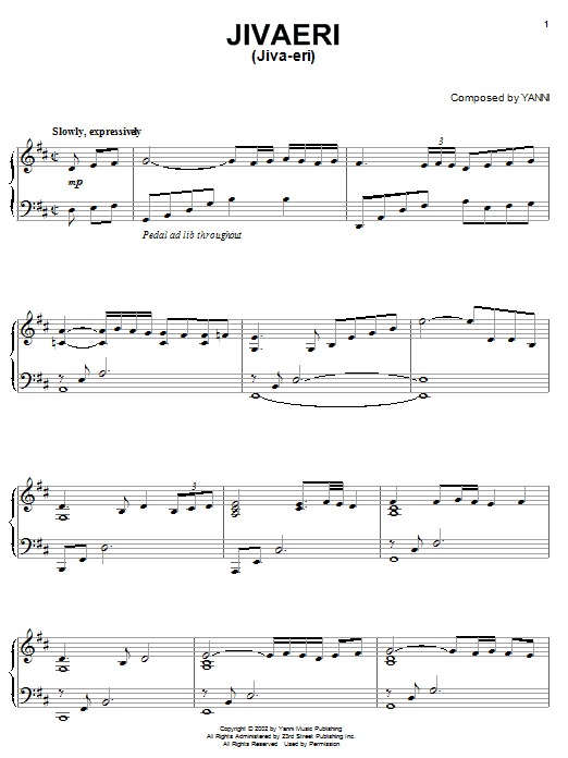 Yanni Jivaeri (Jiva-eri) Sheet Music Notes & Chords for Piano - Download or Print PDF