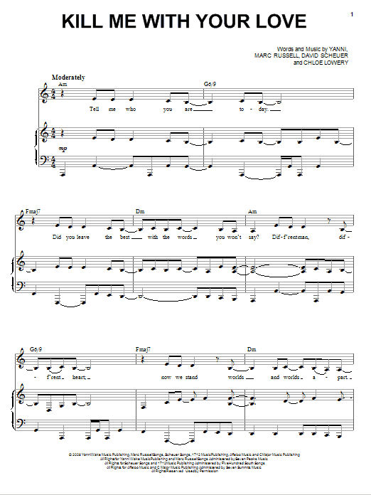 Yanni Kill Me With Your Love Sheet Music Notes & Chords for Piano, Vocal & Guitar (Right-Hand Melody) - Download or Print PDF