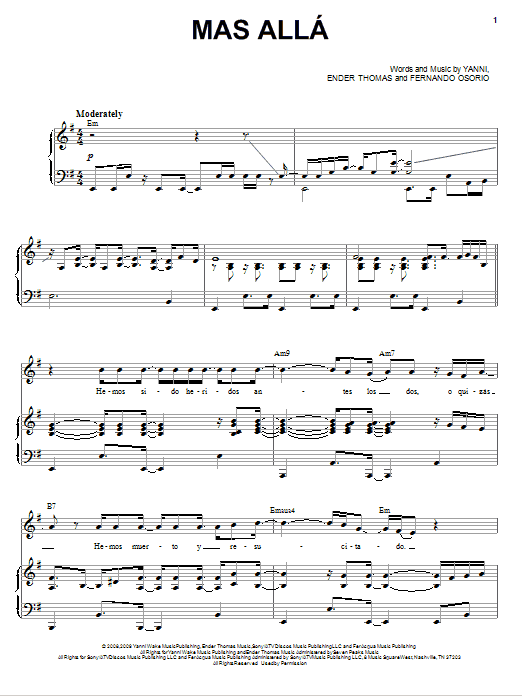 Yanni Mas Alla Sheet Music Notes & Chords for Piano, Vocal & Guitar (Right-Hand Melody) - Download or Print PDF
