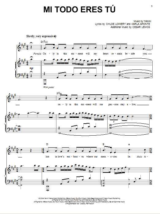 Yanni Mi Todo Eres Tu Sheet Music Notes & Chords for Piano, Vocal & Guitar (Right-Hand Melody) - Download or Print PDF