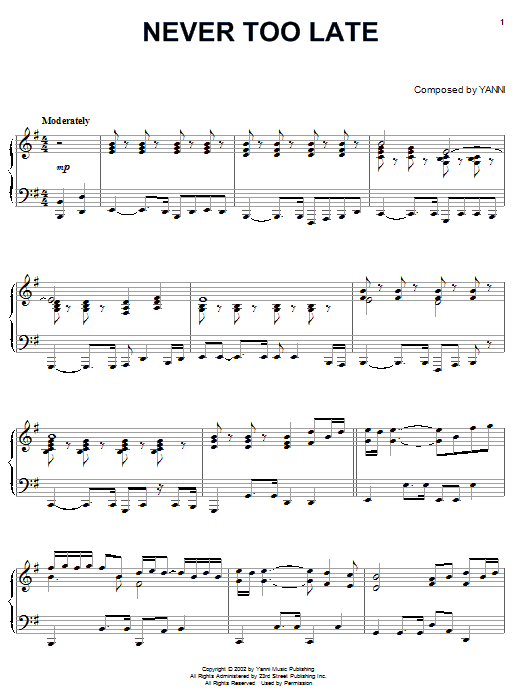 Yanni Never Too Late Sheet Music Notes & Chords for Piano - Download or Print PDF Yanni Never Too Late Sheet Music Notes & Chords for Piano - Download or Print PDF