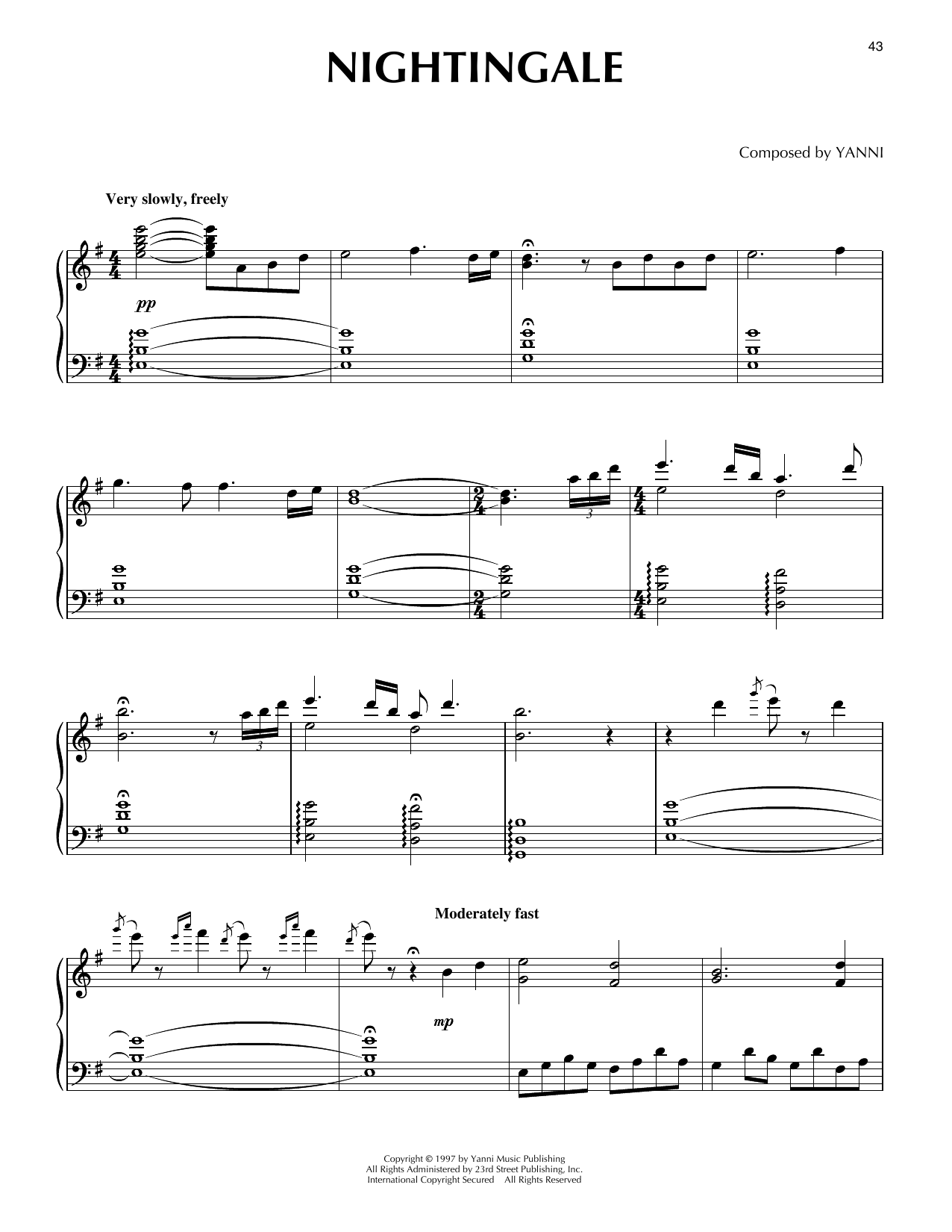 Yanni Nightingale Sheet Music Notes & Chords for Piano Solo - Download or Print PDF