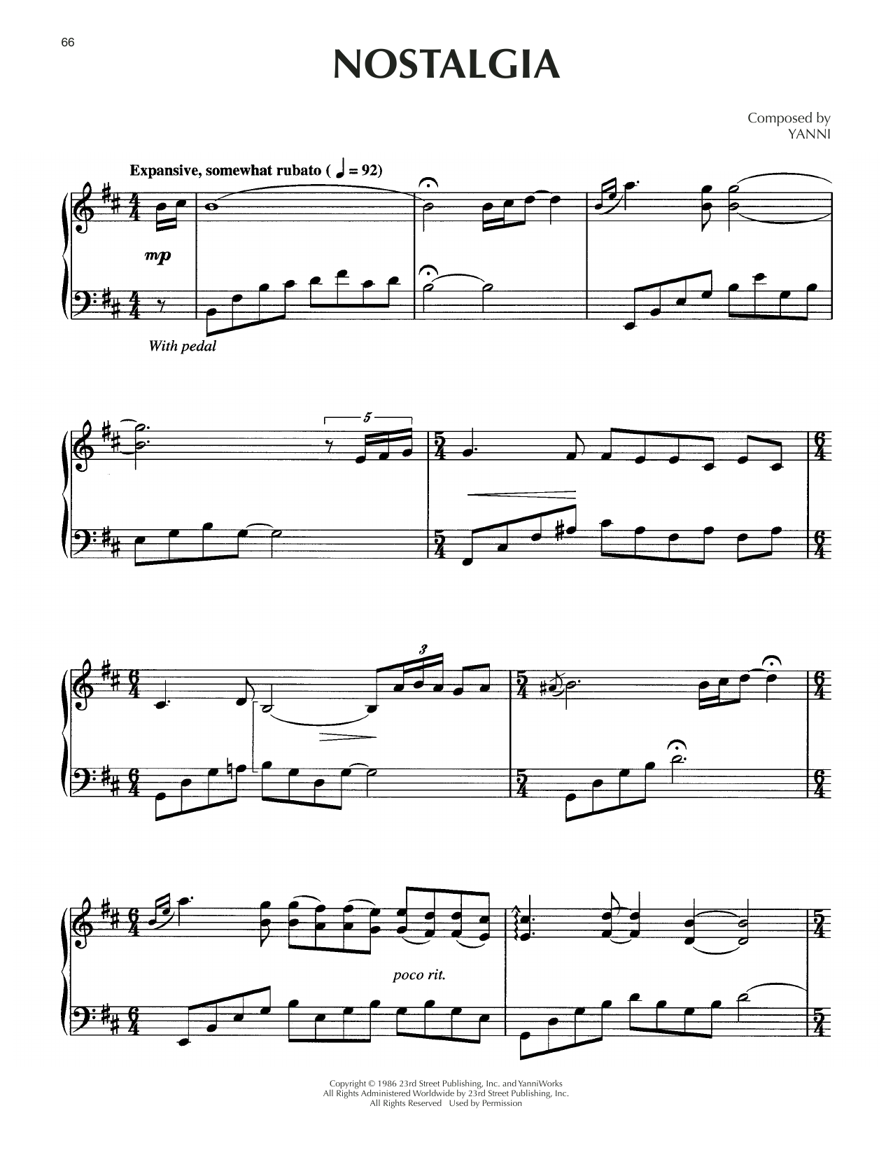 Yanni Nostalgia Sheet Music Notes & Chords for Piano Solo - Download or Print PDF