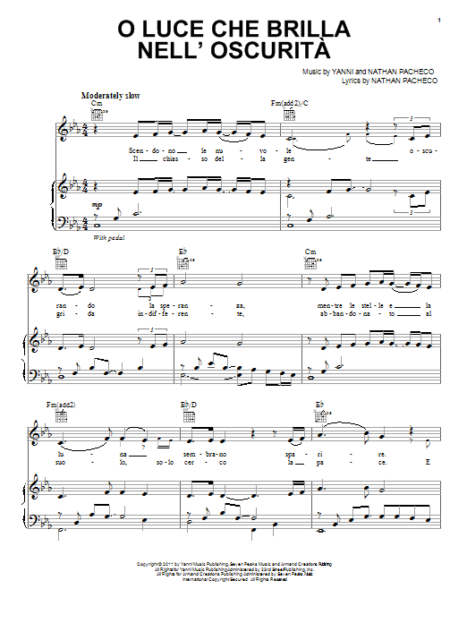 Yanni O Luce Che Brilla Nell'Oscurita Sheet Music Notes & Chords for Piano - Download or Print PDF