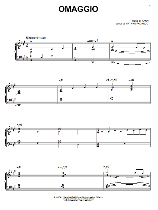 Yanni Omaggio Sheet Music Notes & Chords for Piano, Vocal & Guitar (Right-Hand Melody) - Download or Print PDF