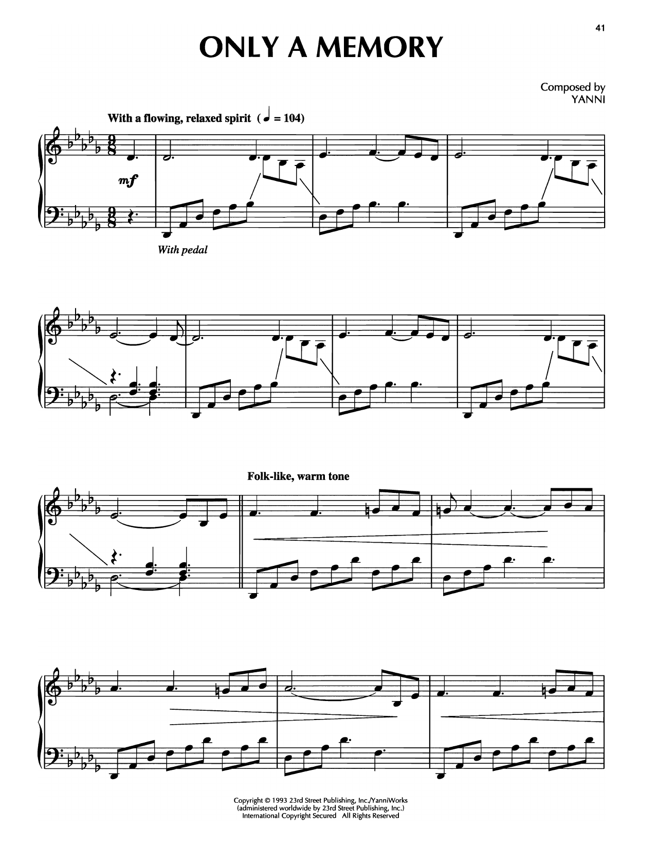 Yanni Only A Memory Sheet Music Notes & Chords for Piano Solo - Download or Print PDF