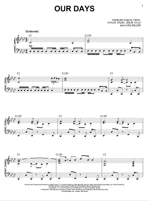 Yanni Our Days Sheet Music Notes & Chords for Piano, Vocal & Guitar (Right-Hand Melody) - Download or Print PDF