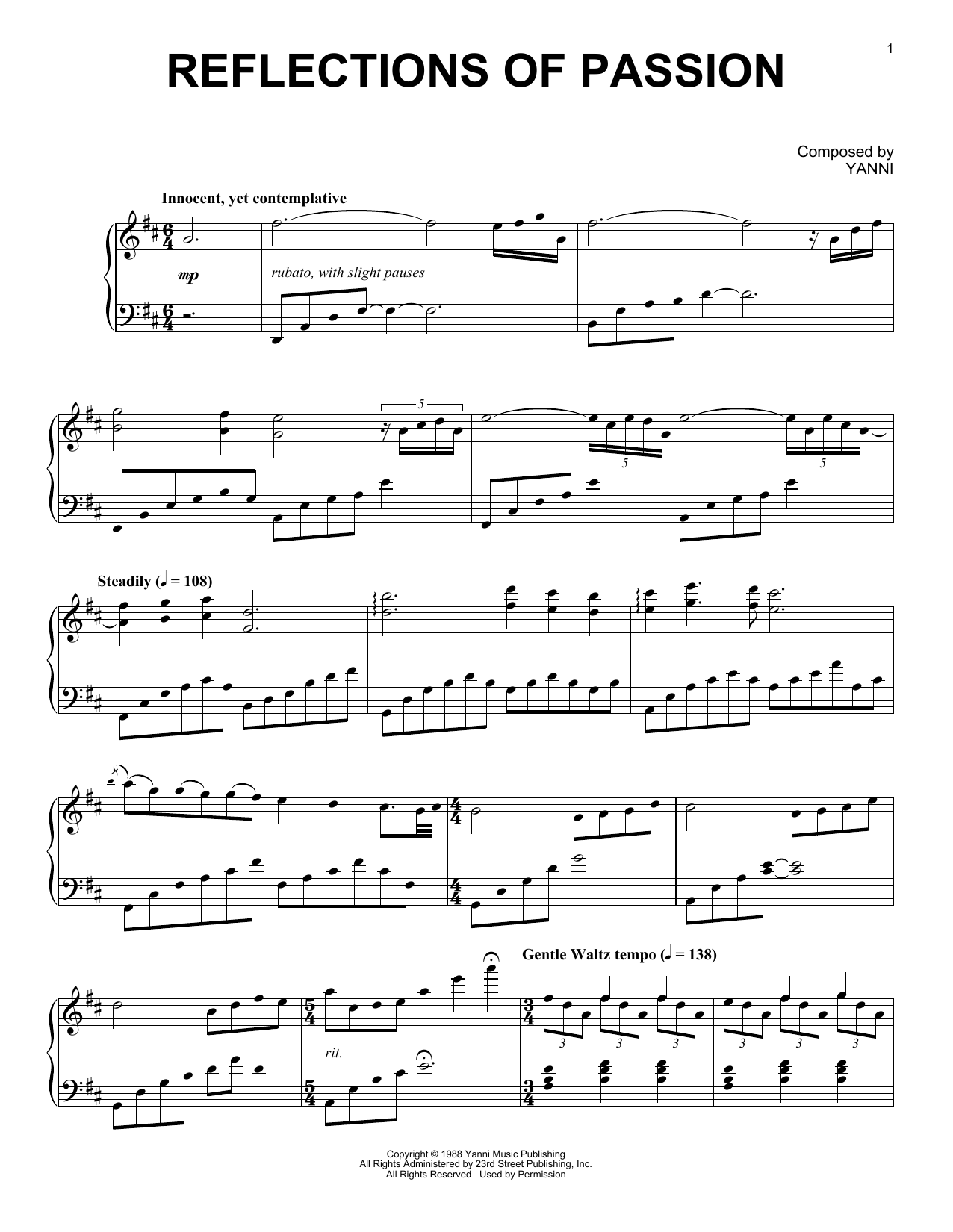 Yanni Reflections Of Passion Sheet Music Notes & Chords for Piano Solo - Download or Print PDF