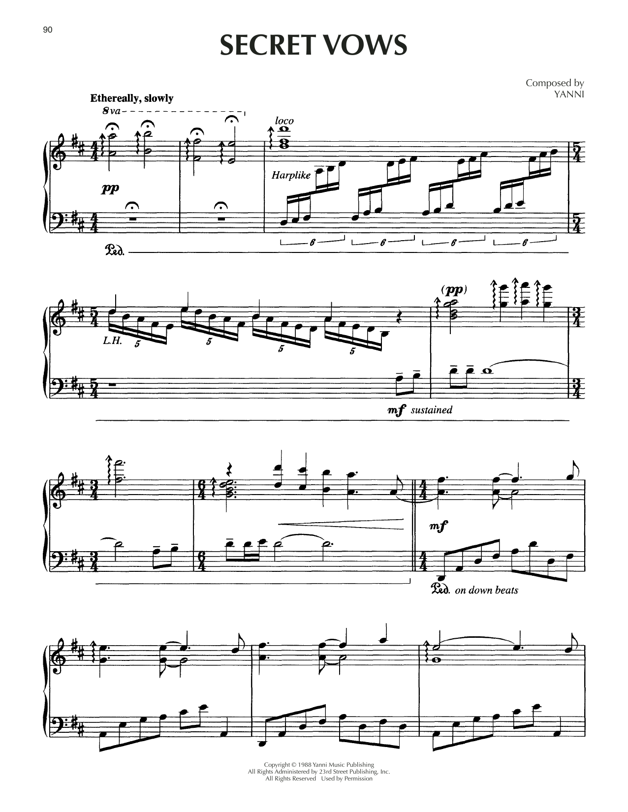 Yanni Secret Vows Sheet Music Notes & Chords for Piano Solo - Download or Print PDF
