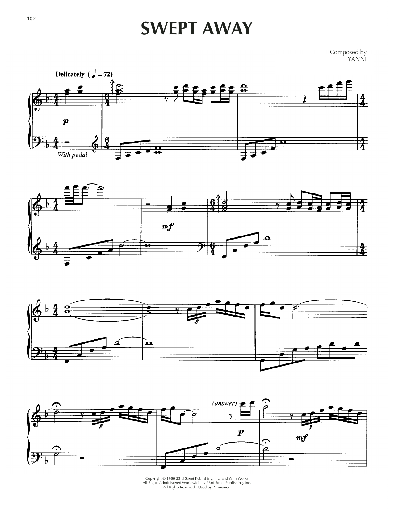 Yanni Swept Away Sheet Music Notes & Chords for Piano Solo - Download or Print PDF