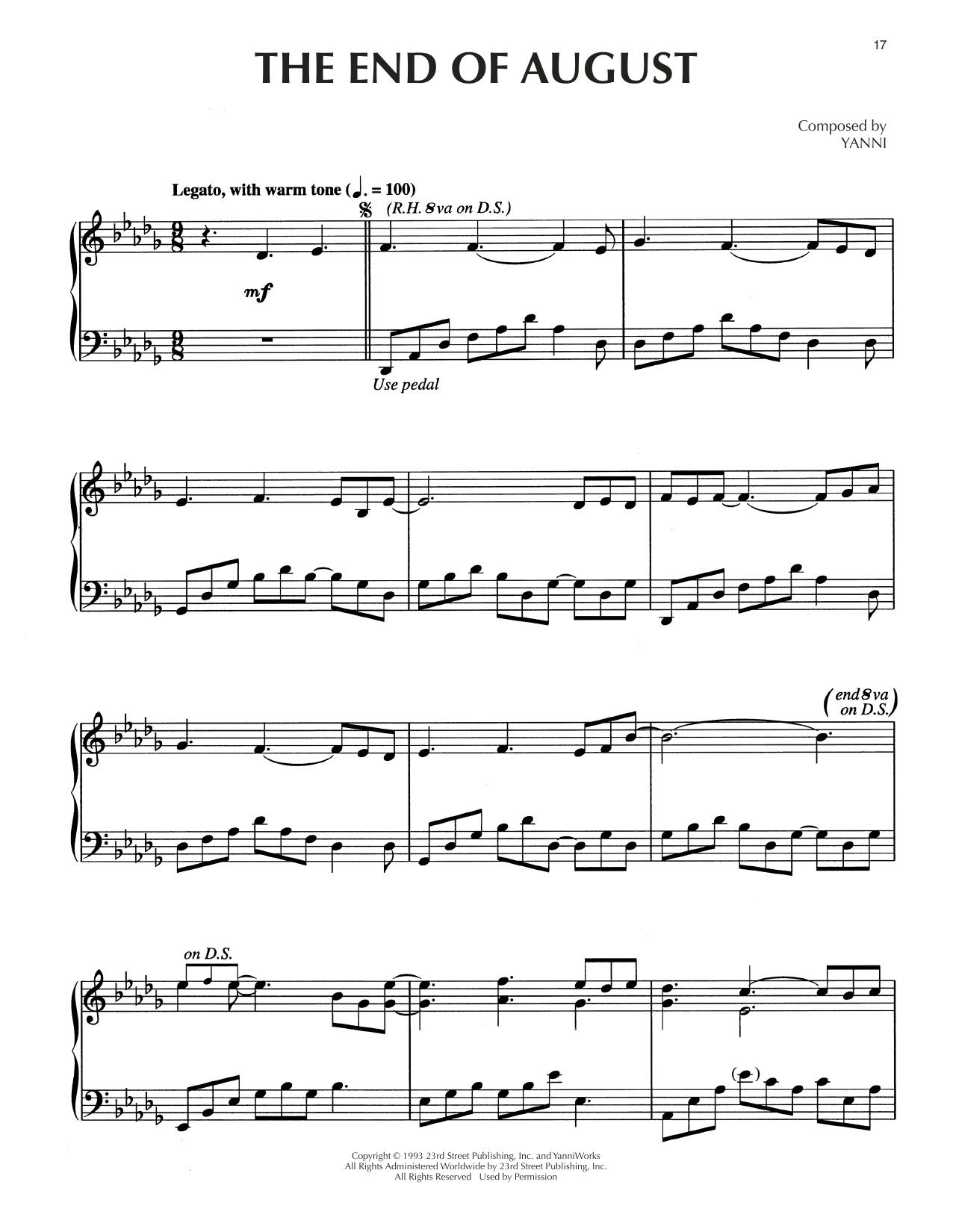 Yanni The End Of August Sheet Music Notes & Chords for Piano Solo - Download or Print PDF