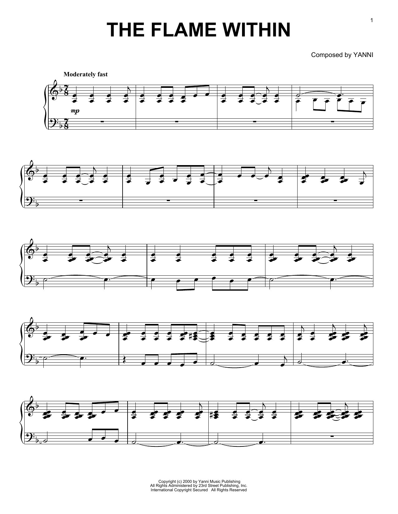 Yanni The Flame Within Sheet Music Notes & Chords for Piano Solo - Download or Print PDF