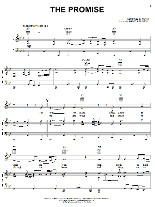 Yanni The Promise Sheet Music Notes & Chords for Piano, Vocal & Guitar (Right-Hand Melody) - Download or Print PDF