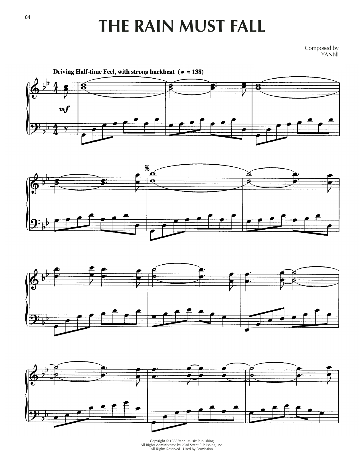 Yanni The Rain Must Fall Sheet Music Notes & Chords for Piano Solo - Download or Print PDF