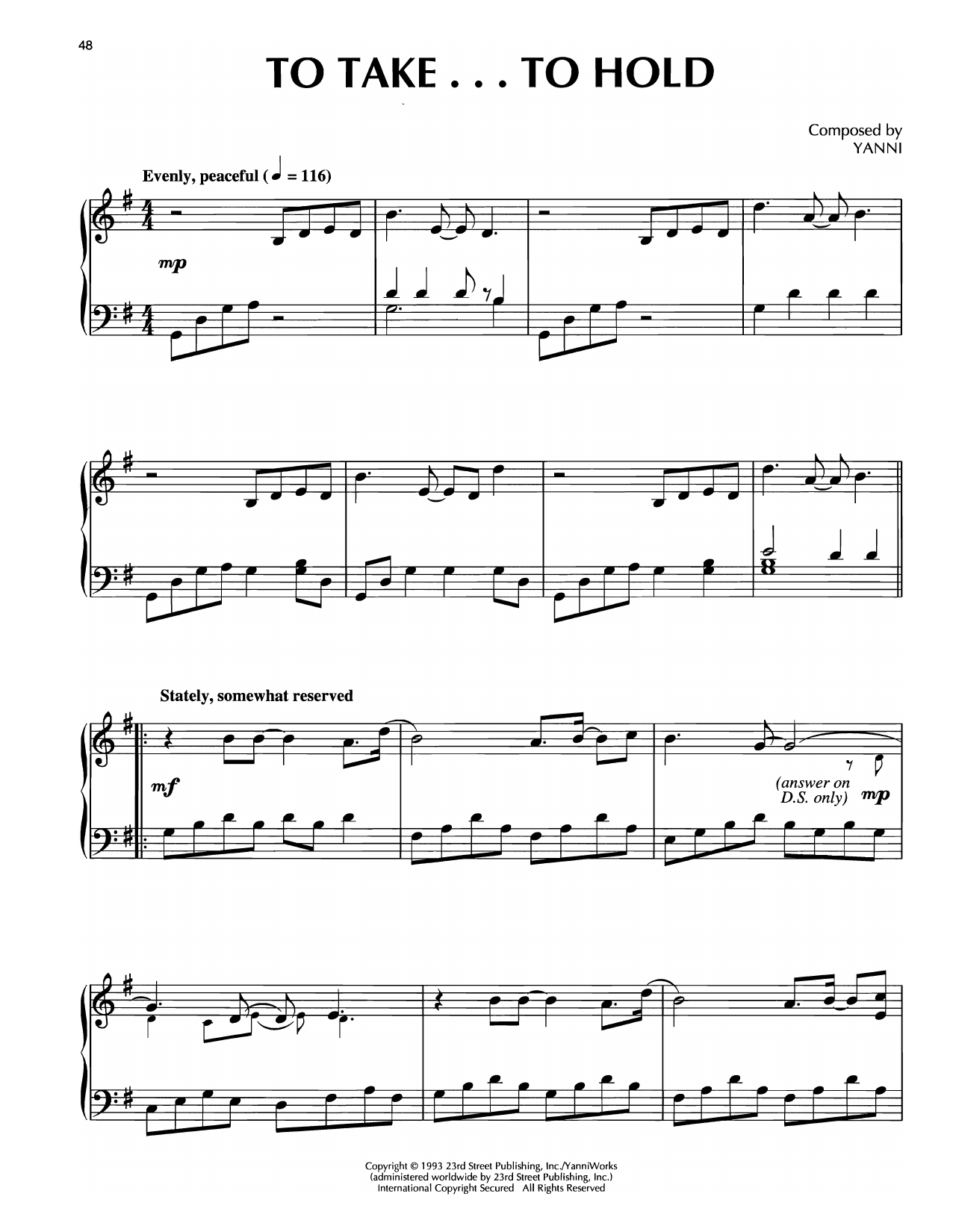 Yanni To Take..To Hold Sheet Music Notes & Chords for Piano Solo - Download or Print PDF