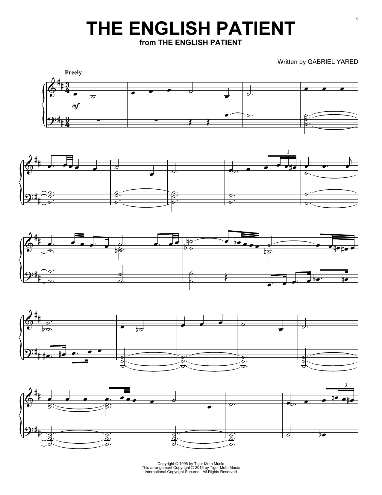Yared Gabrie The English Patient Sheet Music Notes & Chords for Piano - Download or Print PDF