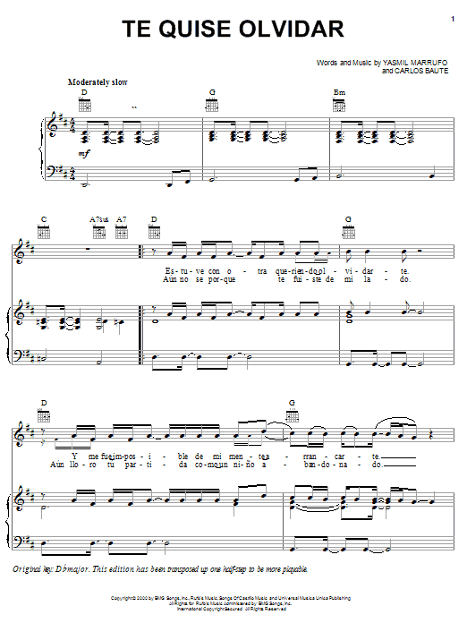 Yasmil Marrufo Te Quise Olvidar Sheet Music Notes & Chords for Piano, Vocal & Guitar (Right-Hand Melody) - Download or Print PDF