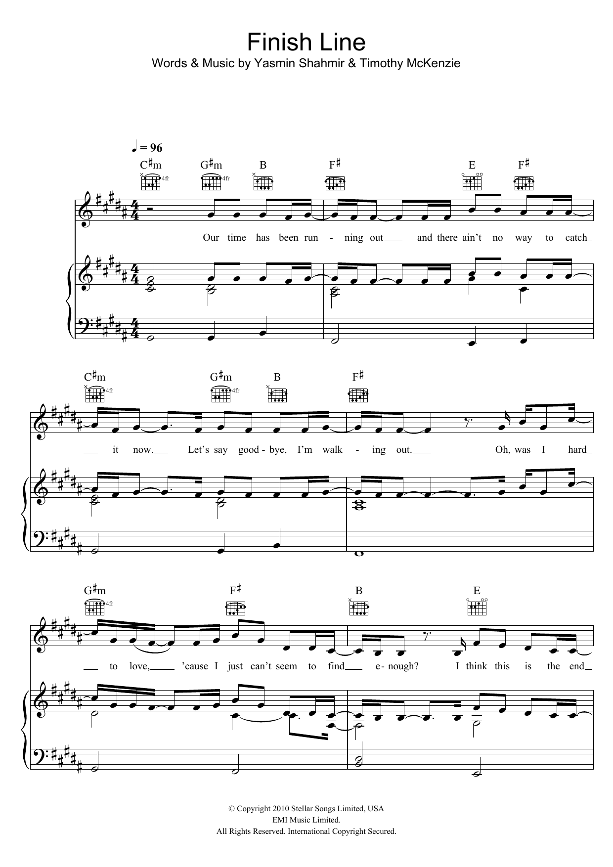 Yasmin Finish Line Sheet Music Notes & Chords for Piano, Vocal & Guitar (Right-Hand Melody) - Download or Print PDF
