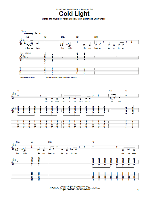 Yeah Yeah Yeahs Cold Light Sheet Music Notes & Chords for Guitar Tab - Download or Print PDF Yeah Yeah Yeahs Cold Light Sheet Music Notes & Chords for Guitar Tab - Download or Print PDF