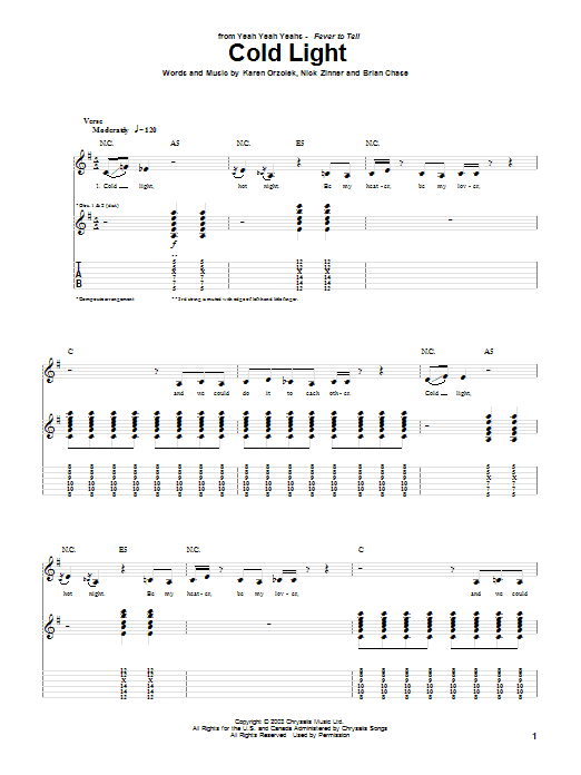 Yeah Yeah Yeahs Cold Light Sheet Music Notes & Chords for Guitar Tab - Download or Print PDF