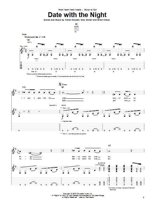 Yeah Yeah Yeahs Date With The Night Sheet Music Notes & Chords for Guitar Tab - Download or Print PDF Yeah Yeah Yeahs Date With The Night Sheet Music Notes & Chords for Guitar Tab - Download or Print PDF