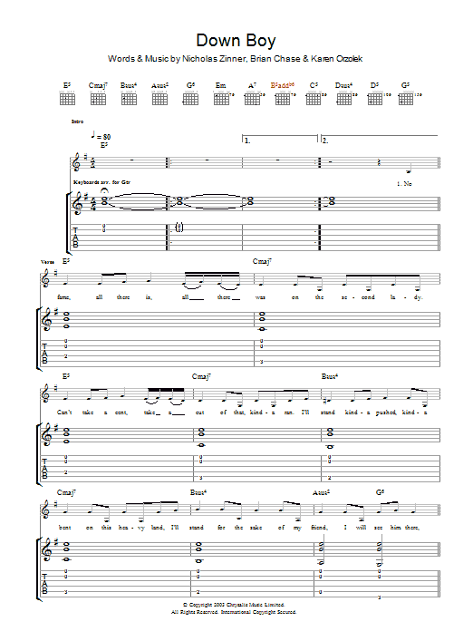 Yeah Yeah Yeahs Down Boy Sheet Music Notes & Chords for Guitar Tab - Download or Print PDF