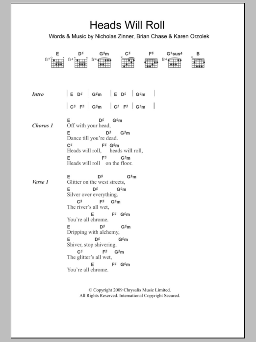 Yeah Yeah Yeahs Heads Will Roll Sheet Music Notes & Chords for Lyrics & Chords - Download or Print PDF