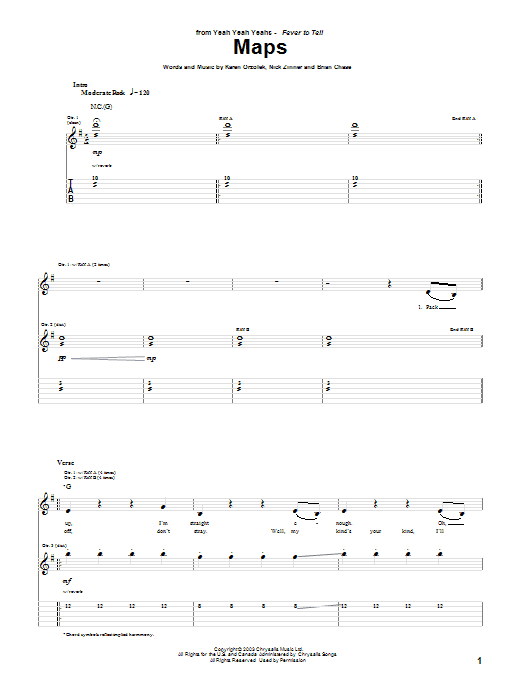 Yeah Yeah Yeahs Maps Sheet Music Notes & Chords for Easy Guitar Tab - Download or Print PDF