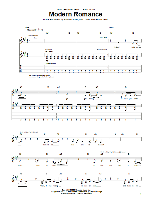 Yeah Yeah Yeahs Modern Romance Sheet Music Notes & Chords for Guitar Tab - Download or Print PDF