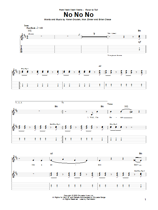 Yeah Yeah Yeahs No No No Sheet Music Notes & Chords for Guitar Tab - Download or Print PDF