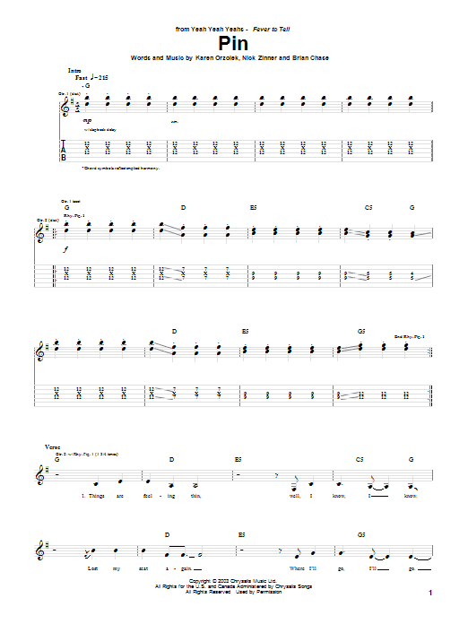 Yeah Yeah Yeahs Pin Sheet Music Notes & Chords for Guitar Tab - Download or Print PDF
