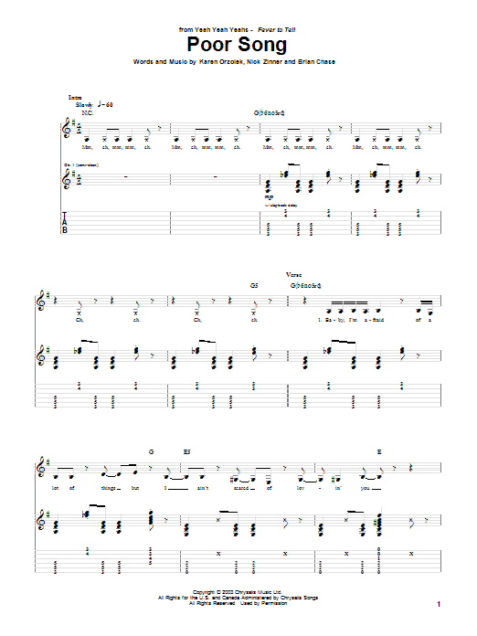 Yeah Yeah Yeahs Poor Song Sheet Music Notes & Chords for Guitar Tab - Download or Print PDF