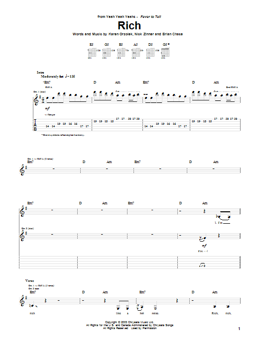 Yeah Yeah Yeahs Rich Sheet Music Notes & Chords for Guitar Tab - Download or Print PDF