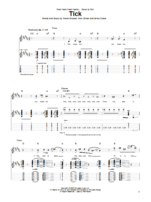 Yeah Yeah Yeahs Tick Sheet Music Notes & Chords for Guitar Tab - Download or Print PDF