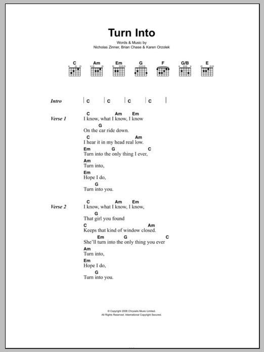 Yeah Yeah Yeahs Turn Into Sheet Music Notes & Chords for Lyrics & Chords - Download or Print PDF