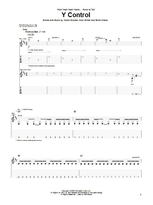 Yeah Yeah Yeahs Y Control Sheet Music Notes & Chords for Guitar Tab - Download or Print PDF