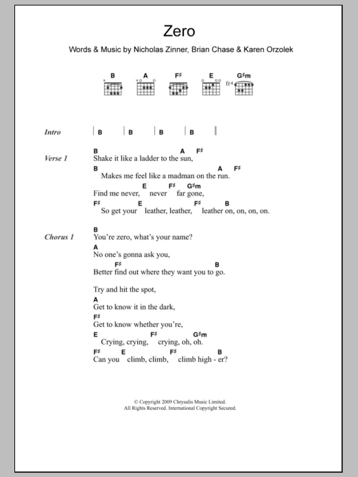 Yeah Yeah Yeahs Zero Sheet Music Notes & Chords for Lyrics & Chords - Download or Print PDF