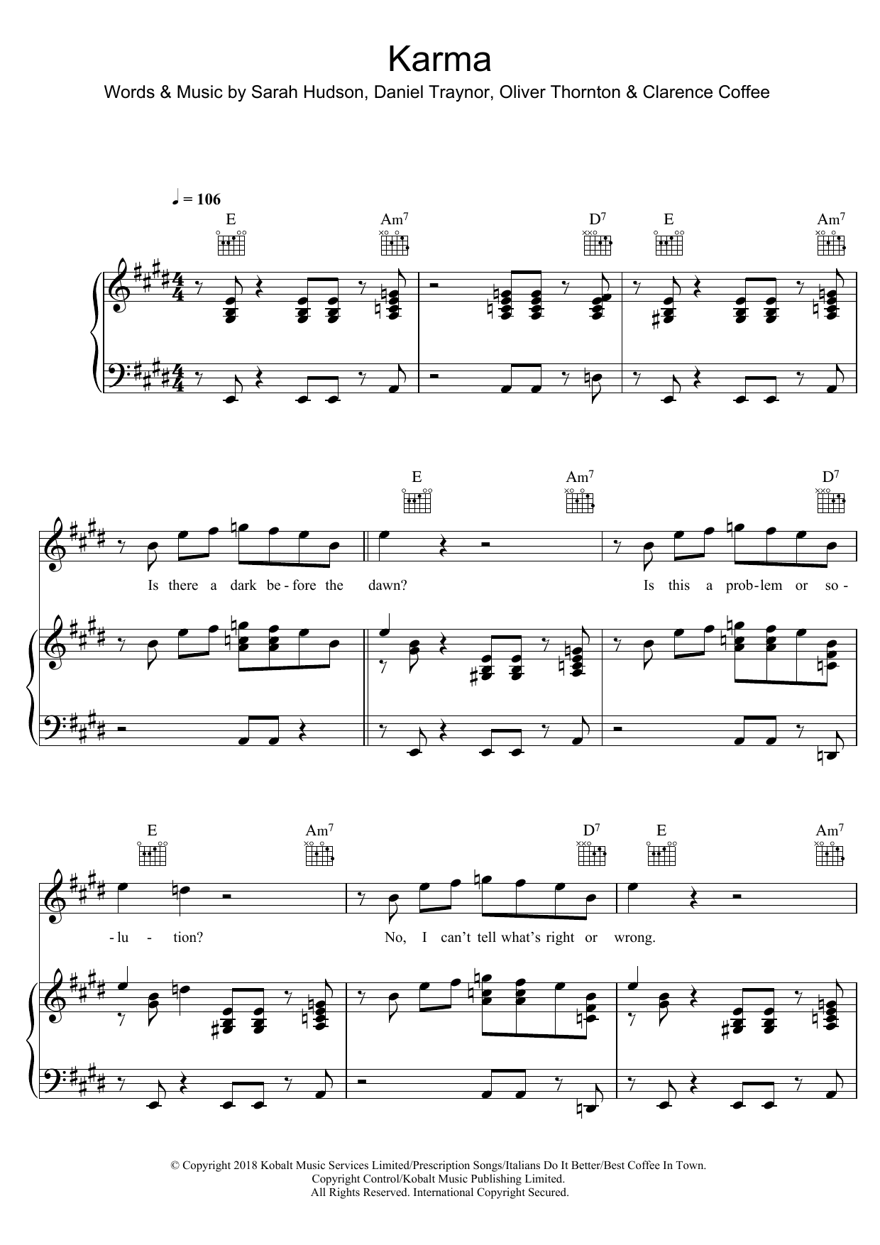 Years & Years Karma Sheet Music Notes & Chords for Piano, Vocal & Guitar (Right-Hand Melody) - Download or Print PDF