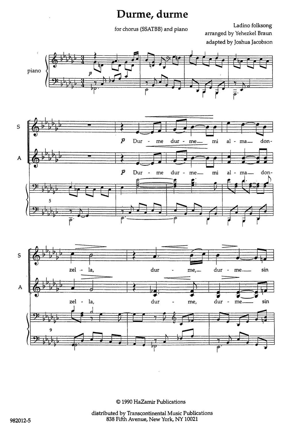 Yehezkel Braun Durme, Durme Sheet Music Notes & Chords for SATB Choir - Download or Print PDF