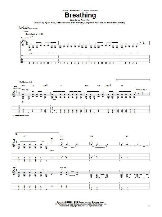 Yellowcard Breathing Sheet Music Notes & Chords for Guitar Tab - Download or Print PDF