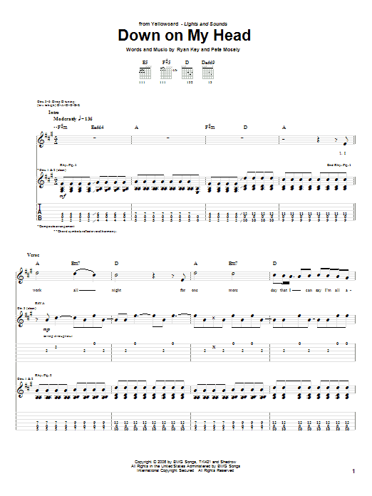 Yellowcard Down On My Head Sheet Music Notes & Chords for Guitar Tab - Download or Print PDF