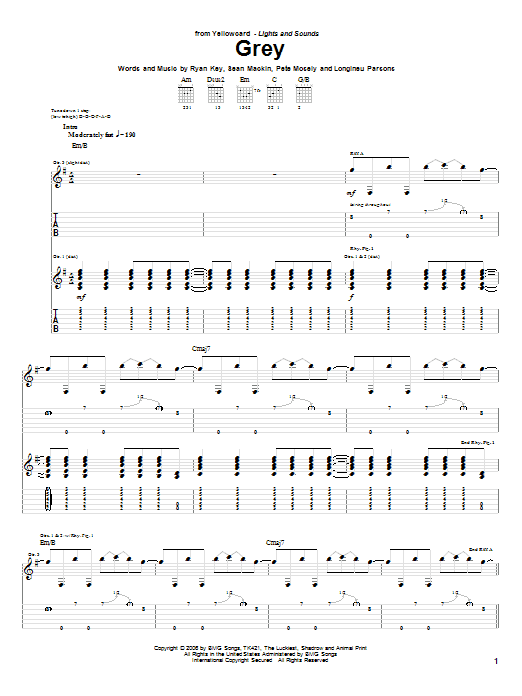 Yellowcard Grey Sheet Music Notes & Chords for Guitar Tab - Download or Print PDF